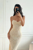 Vintage Mermaid Spaghetti Straps Ivory Lace Floor Length Prom Dresses Chiffon Evening Dress HZ1024