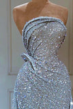 Elegant Mermaid Strapless Sequin Light Sky Blue Long Prom Dresses Evening Dress HZ1024