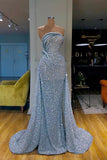 Elegant Mermaid Strapless Sequin Light Sky Blue Long Prom Dresses Evening Dress HZ1024