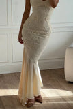 Vintage Mermaid Spaghetti Straps Ivory Lace Floor Length Prom Dresses Chiffon Evening Dress HZ1024