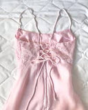Vintage A Line Spaghetti Straps 90s Pink Prom Dresses Evening Gowns With Lace HZ1024