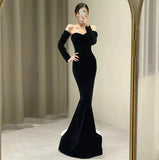 Vintage Mermaid Sweetheart Black Velvet Long Evening Dress Prom Dresses With Bow HZ1024