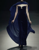 Modest Sheath Strapless Navy Blue Beads Velvet Prom Dresses Long Evening Dress HZ1024